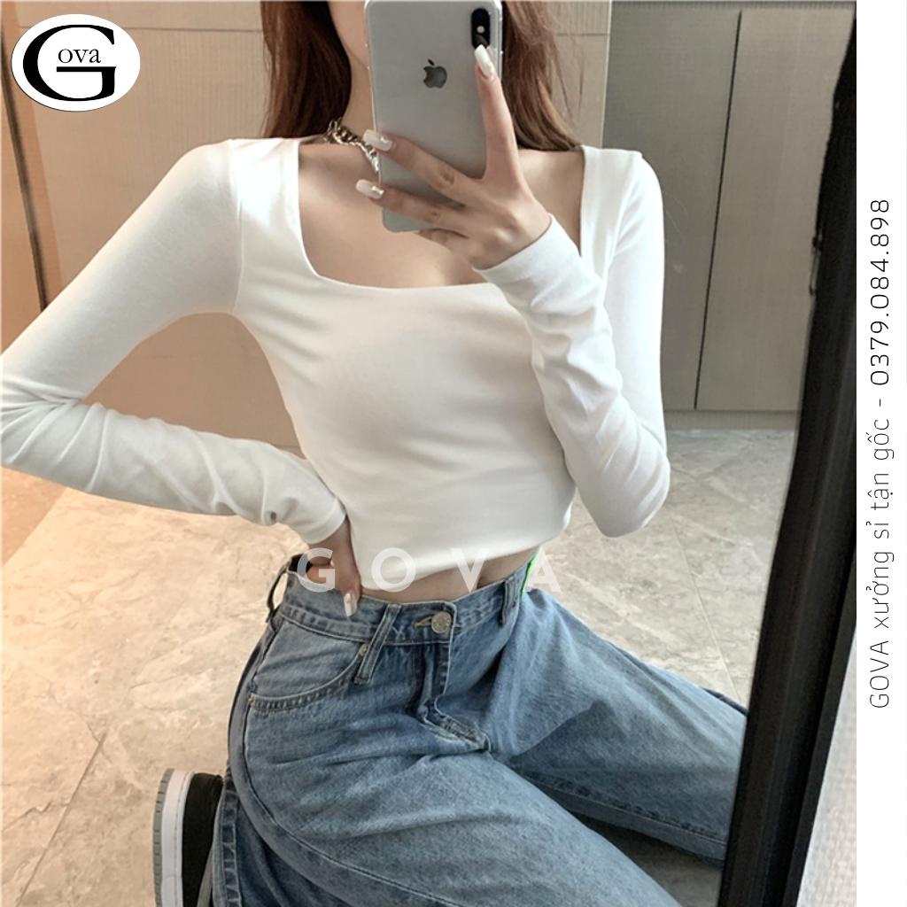 Áo Cổ Vuông Tay Dài Croptop, Áo Kiểu Vải Thun Cotton Cao Cấp Mịn, Co Giản Tốt DB60