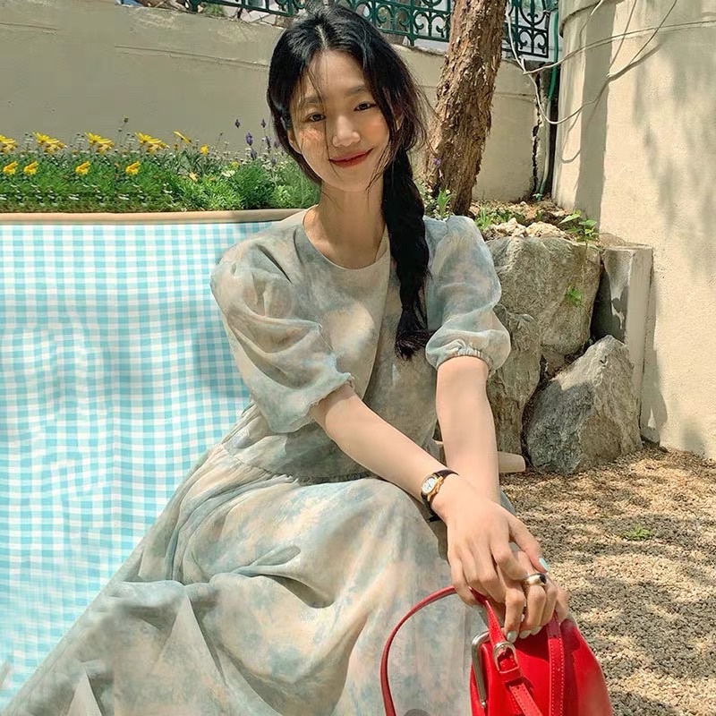 Váy MORAN voan hoa xanh loang pastel thun eo xòe dài bồng bồng vintage tiểu thư nhẹ nhàng