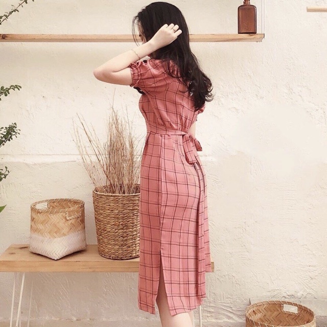 Đầm nữ thời trang họa tiết caro, thắt dây nơ eo màu sắc trẻ trung chất đẹp phù hợp công sở dự tiệc dạo phố
