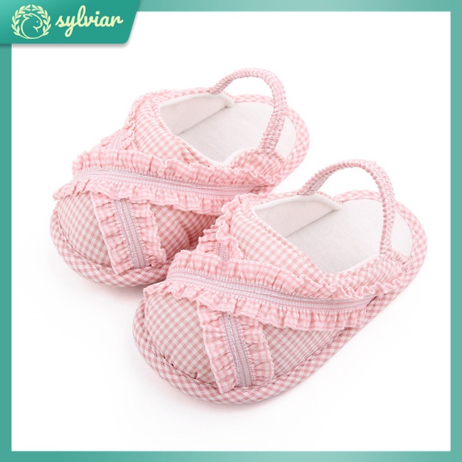 Đôi dép đi trong nhà vải cotton sọc ca rô phối viền bèo dành cho bé 0-18 tháng tuổi