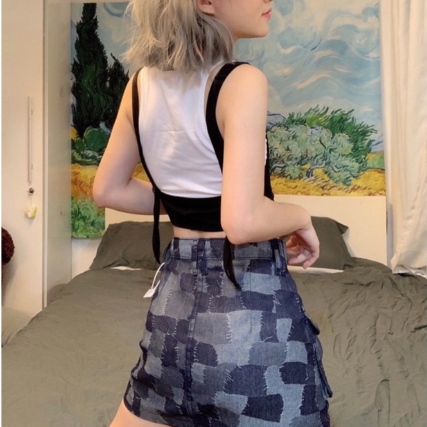 Chân váy jean nữ hoạ tiết ô vuông chắp vá