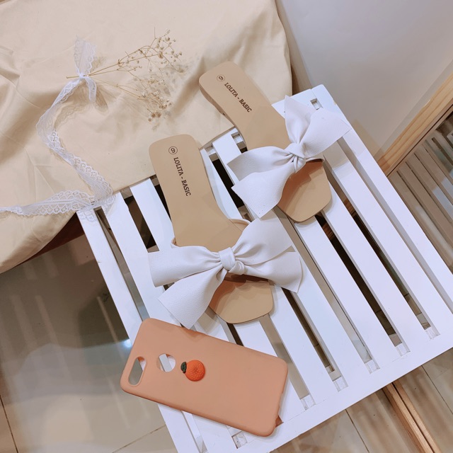 Dép nơ da thắt lolita basic