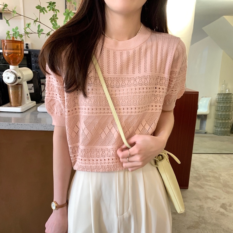 Áo len móc ZHELIHANGFEI tay ngắn dễ phối đồ hợp thời trang dành cho nữ