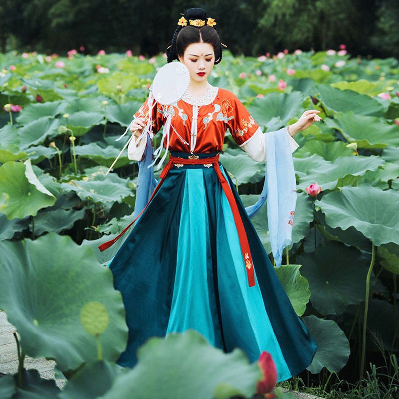 ☾nguyên bản chính thống nhà Đường sản xuất Tân cổ áo Hanfu nữ kiểu Trung Quốc nửa cánh tay bay váy Đôn Hoàng ph