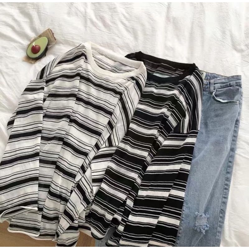 Áo Thu Kẻ Ngang Dài Tay Form Rộng Ulzzang