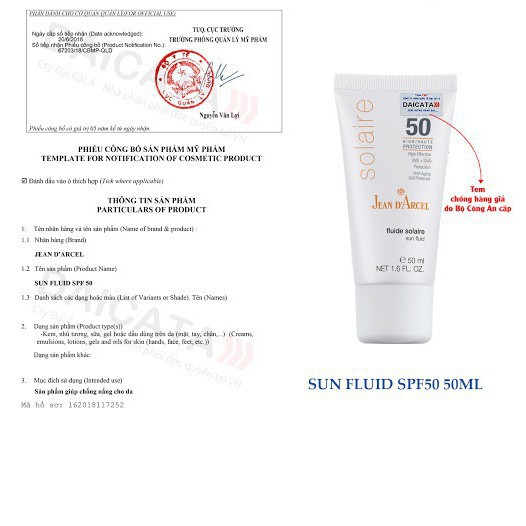 CHÍNH HÃNG Sữa dưỡng chống nắng SPF50 Jean d'Arcel 50ml