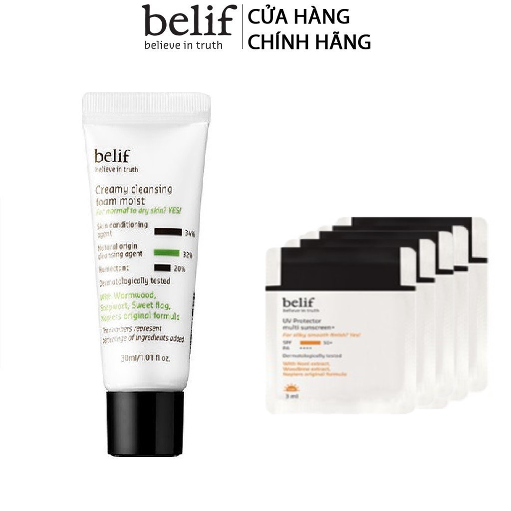 [HB Gift] Bộ Sữa rửa mặt thảo dược cô đặc Belif Creamy Cleansing Foam Moist và Kem chống nắng Belif UV Protector Gimmick