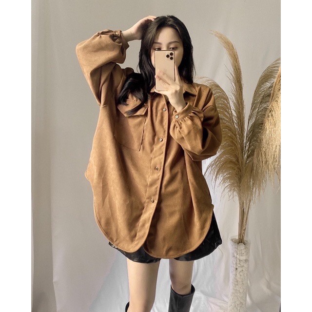 [Mã FAMARAL1 giảm 10K đơn 50K] Áo sơ mi nhung tăm tay bồng vạt bèo, phom to chùm mông