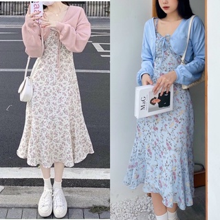 Set đầm hoa hai dây đuôi cá kèm khoác