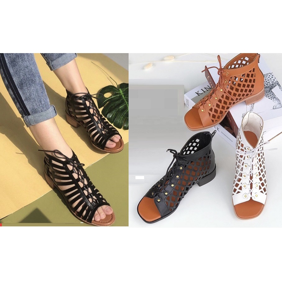 Giày sandal chiến binh da cắt lazer cột dây đế thấp hàng xịn lạ mắt sang trọng S370