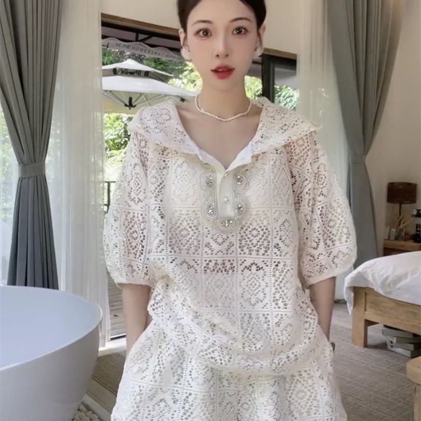 Bộ Áo Sơ Mi Phối Ren + Quần Short Thời Trang Cao Cấp Kiểu Pháp Cổ Điển Cho Nữ