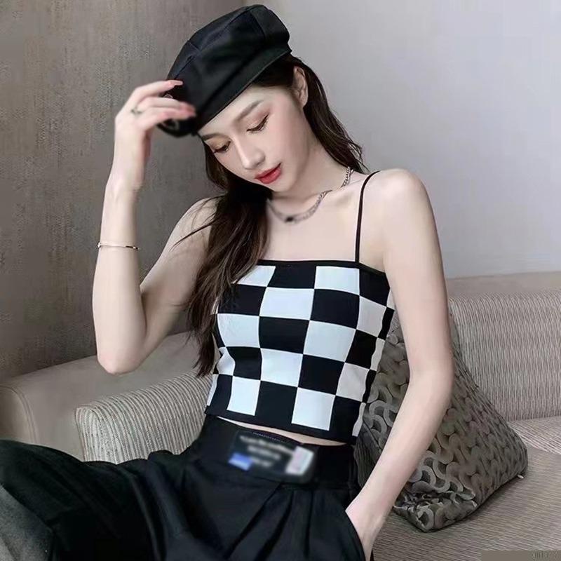 Áo croptop hai dây họa tiết sọc caro thời trang dành cho nữ