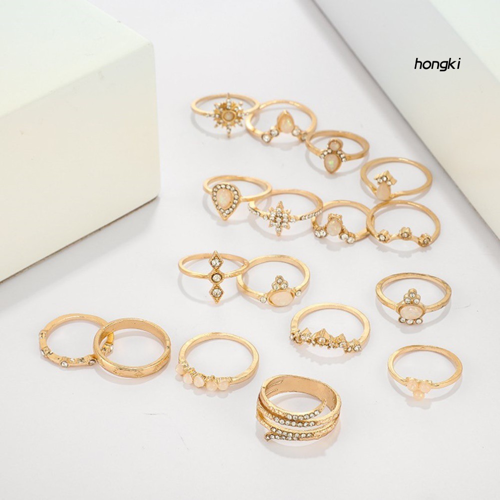 Set 17 nhẫn đính đá quý nhân tạo phong cách bohemian thời trang cho nữ