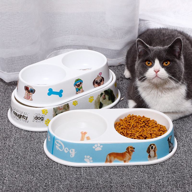 Chén ăn chó mèo bát đôi nhựa đựng thức ăn hoạt hình dễ thương, phụ kiện thú cưng Con Mèo Xiêm