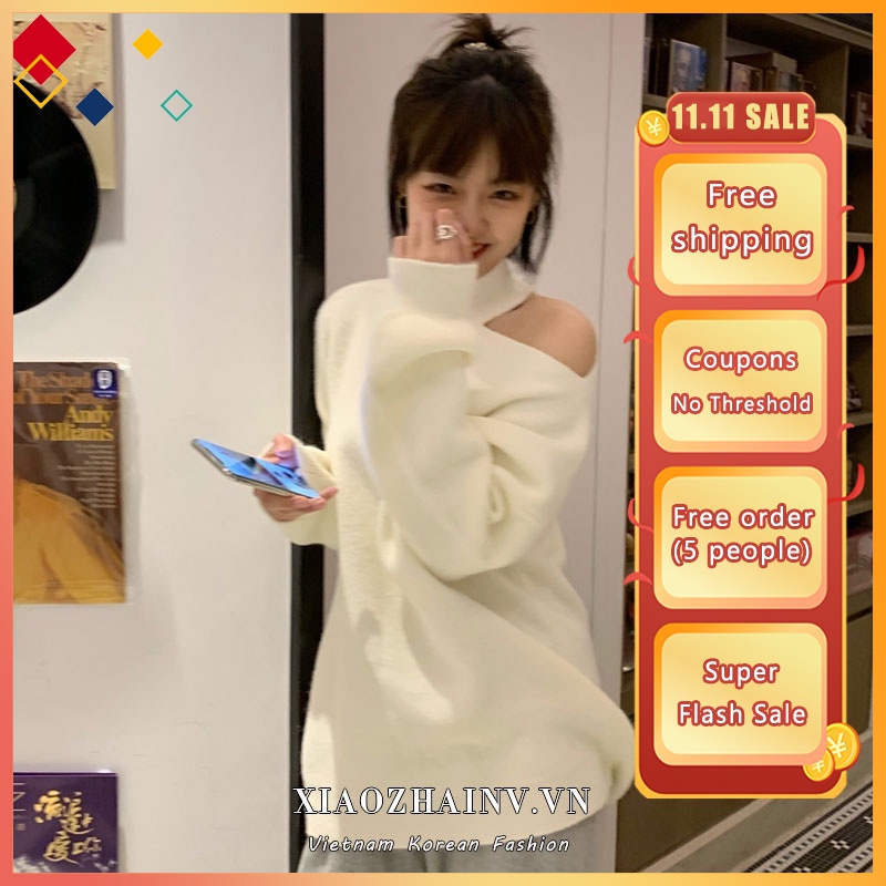 [ Mã 11FASHIONSALE1 giảm 10K đơn 50K ] Xiaozhainv Áo Dệt Kim Tay Dài Hở Vai Quyến Rũ Trẻ Trung Phong Cách Hàn Quốc