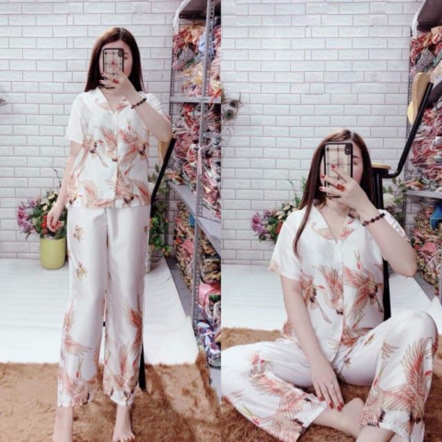 Bộ Pijama Lụa Tay Ngắn Quần Dài Hình Hạc, đồ bộ lụa