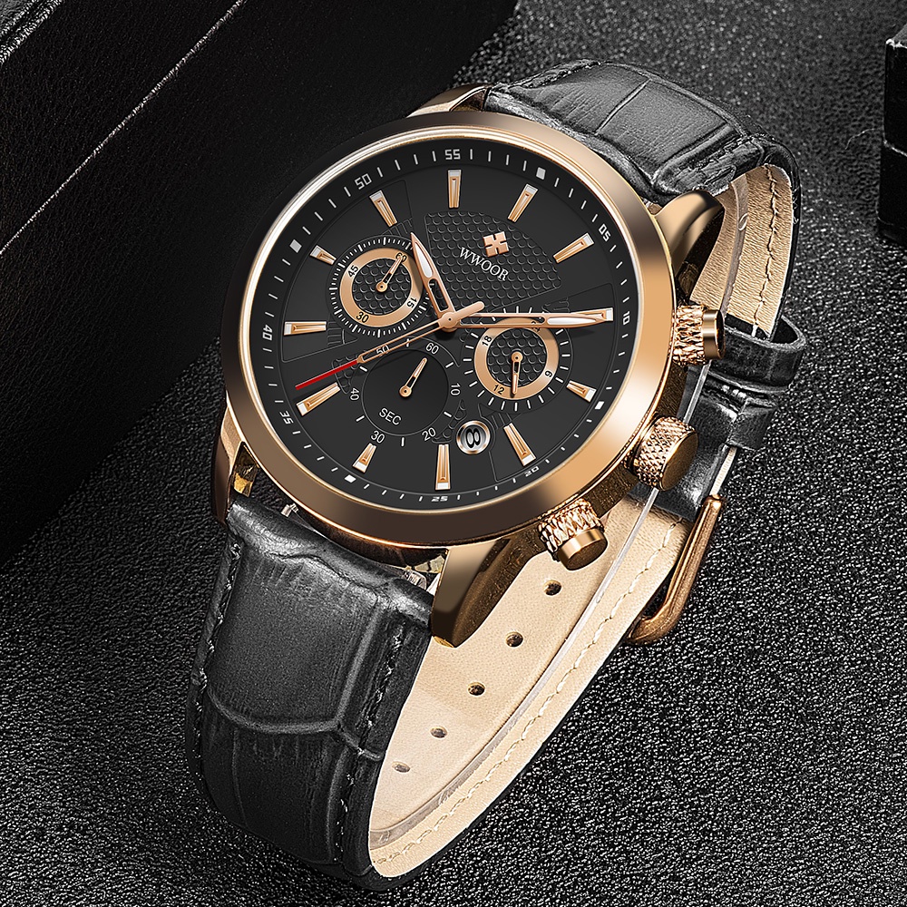 WWOOR  Đồng Hồ Thể Thao Chống Thấm Nước Dây Da Sang Trọng Kèm Hộp Đựng Relogio Masculino-8845