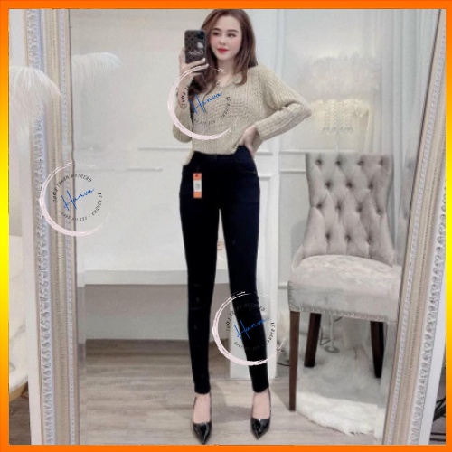 Quần Jean Nữ Dáng Dài Chất Bò Giấy Cao Cấp Cạp Cao Co Giãn Ôm Sát Màu Trơn Basic Đen, Xám Hanva