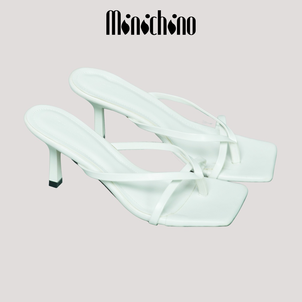 Dép cao gót nữ cao 7cm MINICHINO giày đế xuồng nữ mũi vuông, phối dây thời trang màu trắng TC030