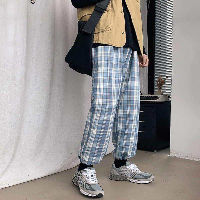 Contrast color plaid pants with drawstring Korean fashion for men