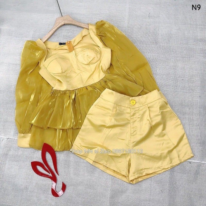 💫SET ÁO PEPLUM PHỐI TƠ GÂN NHŨ KÈM QUẦN SHORT LƯNG CAO💫