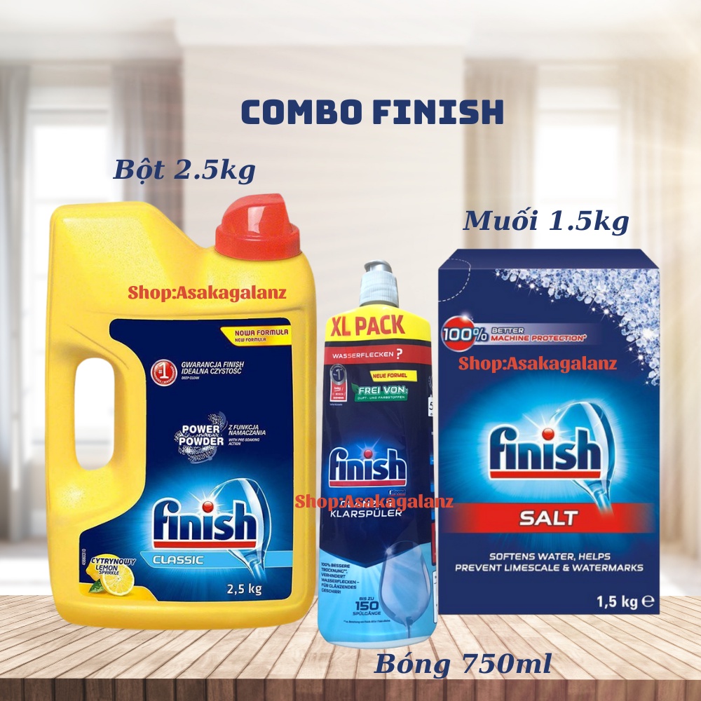 [MỚI 2021]Combo rửa bát Finish: Bột 2.5kg, Muối 1.5kg, Nước làm bóng 750ml - Nhập khẩ