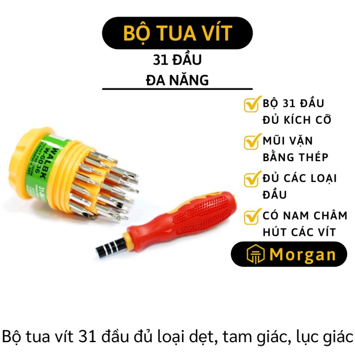 Bộ tua vít 31 đầu đa năng có nam châm hít - Dụng cụ vặn ốc tiện lợi đủ các đầu dẹt, lục giác, dấu cộng 241