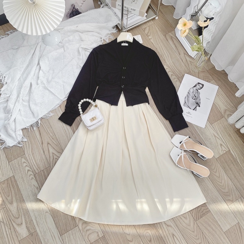 Set Áo Len Tăm Bo Dày Dặn Phối Chân Váy Kem