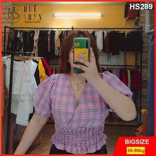 Áo croptop bigsize nữ caro nhún HS289 - Áo kiểu bigsize nữ cổ chéo tay phồng nhún eo - Đi chơi, dạo phố - Size 55-90kg