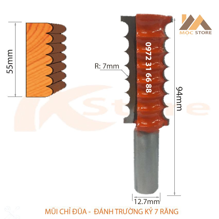 MŨI PHAY GỖ - MŨI SOI GỖ ĐÁNH CHỈ ĐŨA - MŨI TRƯỜNG KỶ 7 RĂNG 55MM CỐT 12.7MM, HÀNG VIỆT NAM CHẤT LƯỢ