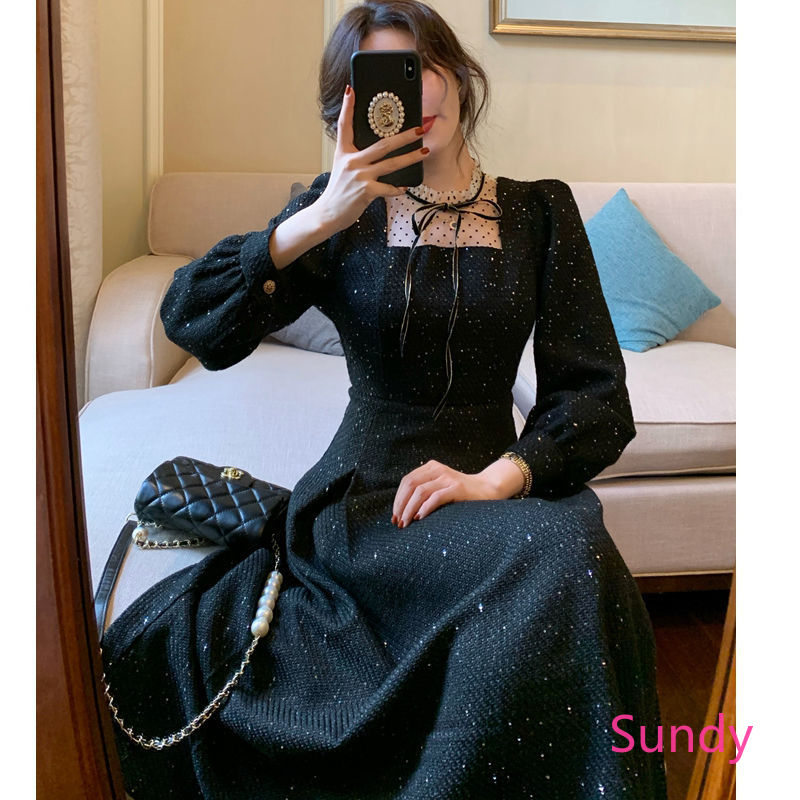 Váy dự tiệc màu đen kiểu dáng thời trang phong cách retro thu đông | BigBuy360 - bigbuy360.vn