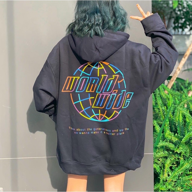 Áo khoác nỉ form rộng WORLDWIDE ulzzang (Ảnh Thật)