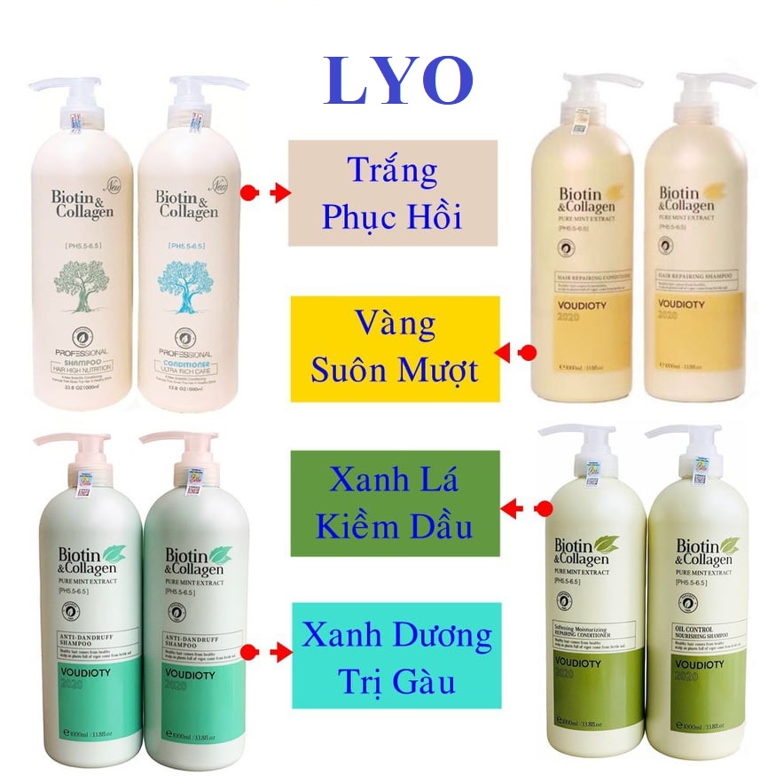 Bộ dầu gội Xả Biotin Collagen Trắng Xanh Vàng Giúp Phục Hồi Chống Rụng tóc 500ml - 1000ml.