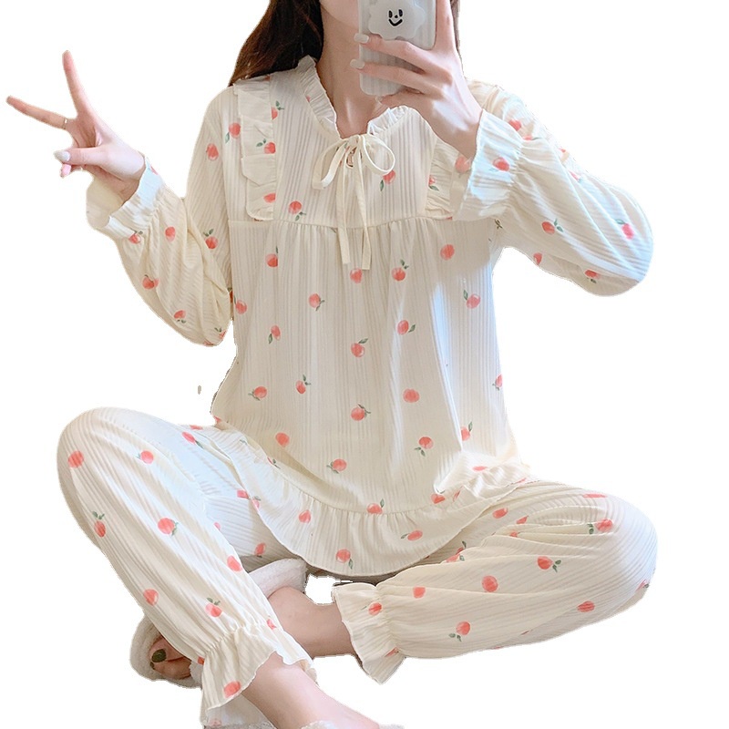 Bộ Đồ Ngủ Tay Dài In Họa Tiết Hoa Dễ Thương Phong Cách Nhật Bản Cho Nữ