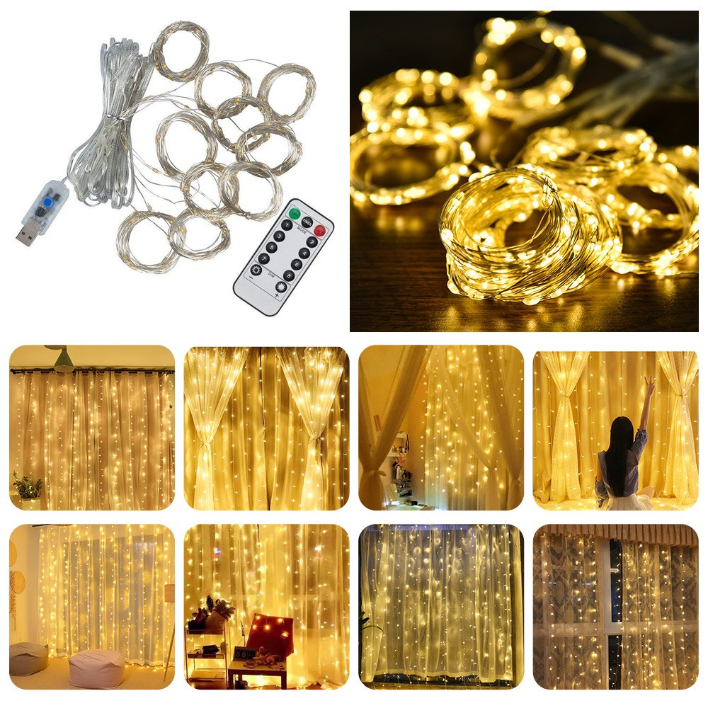 (Cắm Cổng USB +Tặng Remote Điều Khiển) Bộ Rèm Thả 10 Dây Đèn Led Fairy Light Trang Trí Tiệc Sân Vườn Decor Noel Lễ Tết