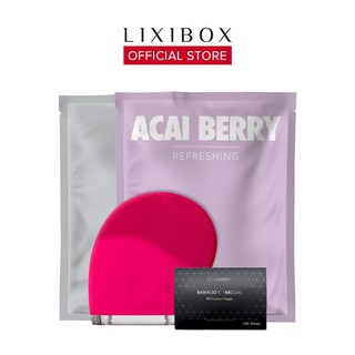 Combo Máy Rửa Mặt Và Mát Xa Da Mặt Halio , 2 Mặt nạ Lixibox Milk và Acai Berry, Giấy thấm dầu than hoạt tính tre Lixibox