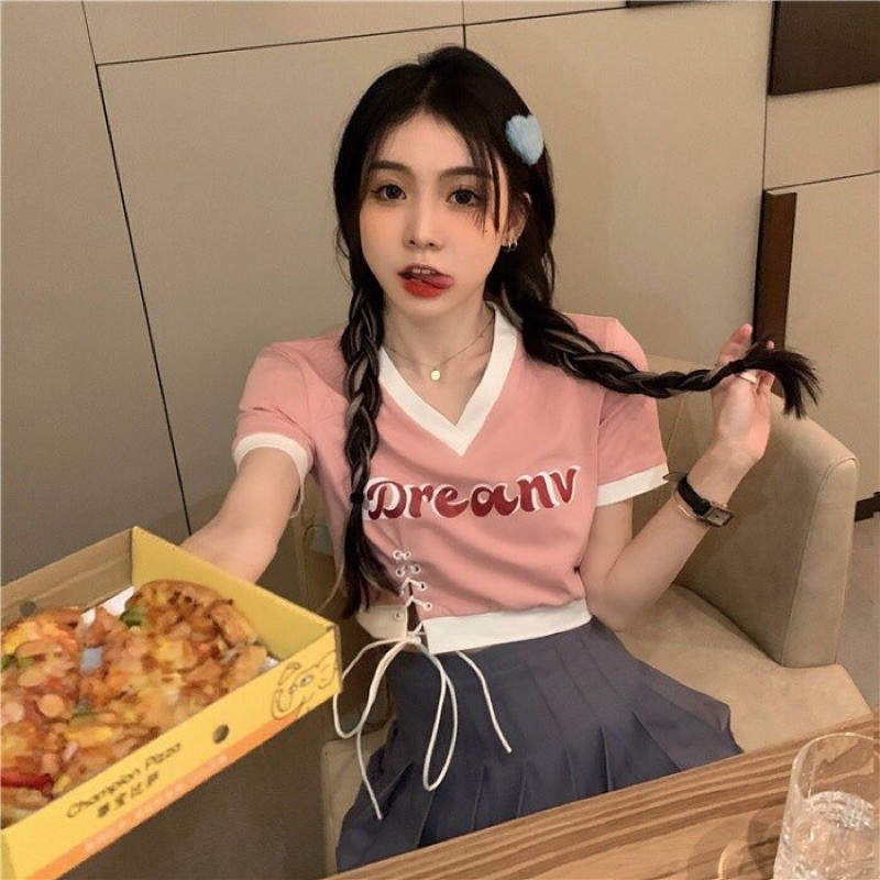 Áo Croptop cột dây cổ tim màu hồng siêu cute phong cách năng động