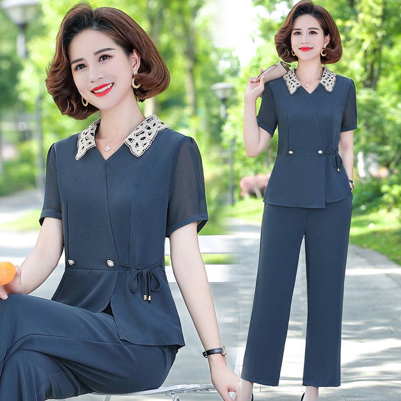 Set Đồ Bộ Hai Mảnh Vải Voan Dáng Rộng Thời Trang Mùa Hè Cho Phụ Nữ Trung Niên 2021