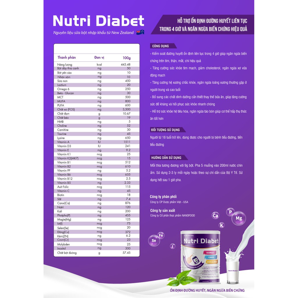 Sữa non Nutri Diabet - Sữa dinh dưỡng dành cho người tiểu đường - Sữa non New Zealand - Hộp 900g - Duy Nhất tại Việt Nam