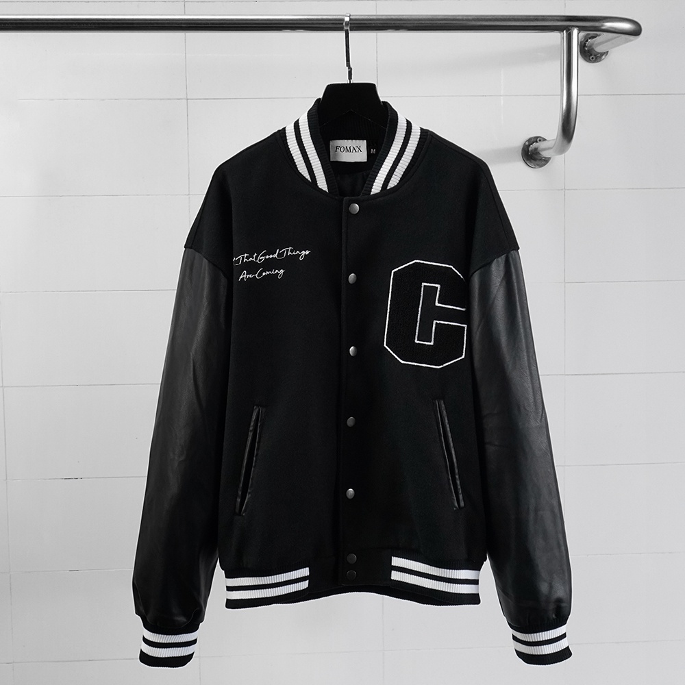 Áo khoác varsity, bomber jacket nam nữ FOMAX chữ C thêu xù thân dạ tay da unisex Local Brand