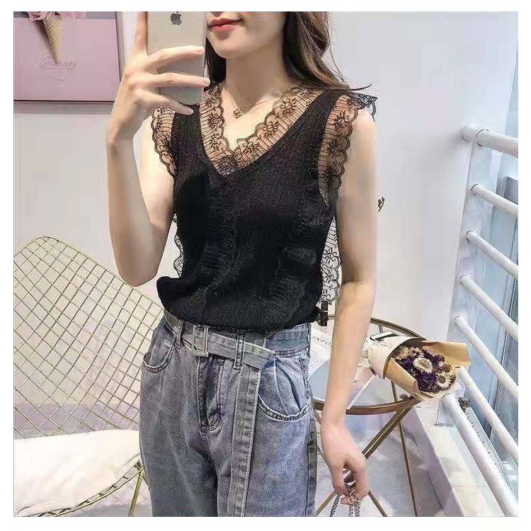 Áo Tank Top Dệt Kim Cổ Chữ V Màu Sắc Thanh Lịch