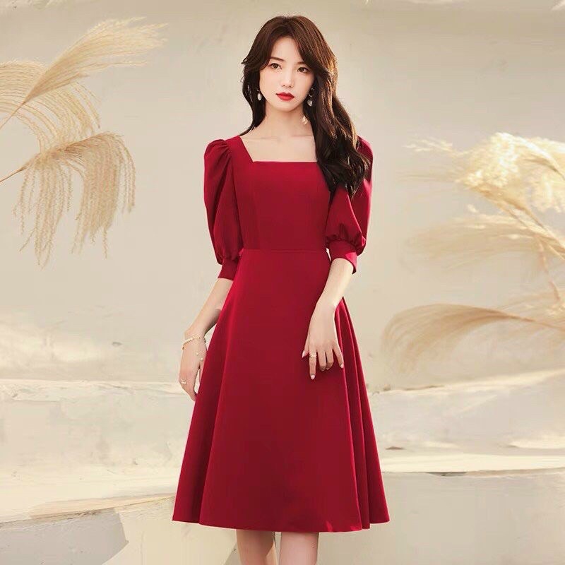 Đầm xoè lụa ý cổ vuông tay phồng trơn đơn giản TRIPBLE T DRESS - size M/L/XL