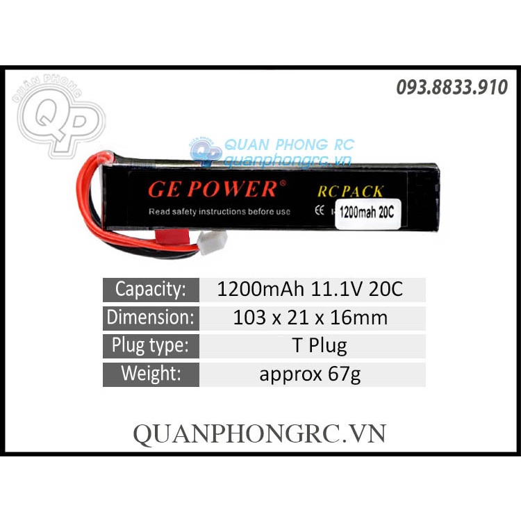 Pin GE POWER 1200mAh 3S 20C 11.1V LiPo Battery jack T