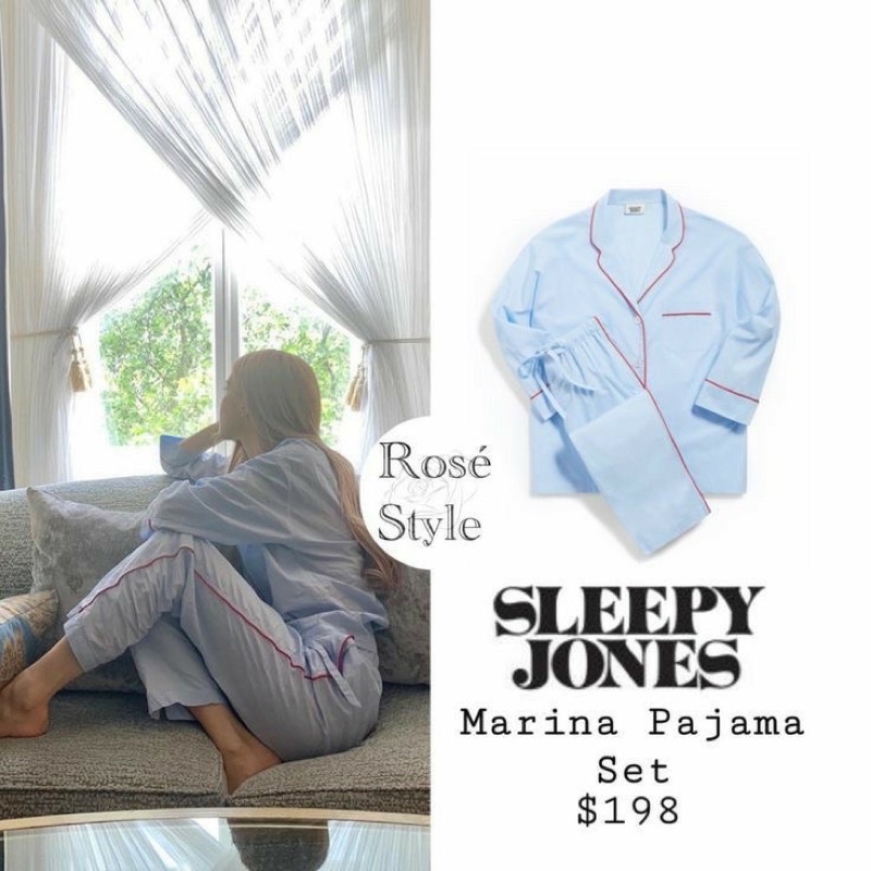 Bộ đồ ngủ pyjama xanh viền đỏ giống Rosé Blackpink, Nayeon Twice