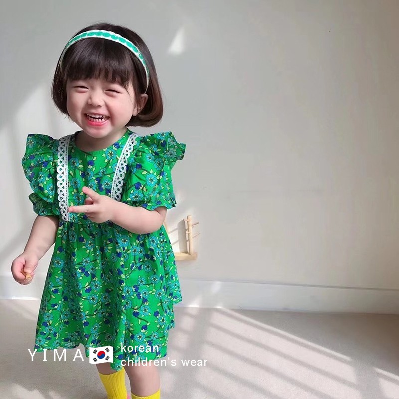 Đầm Hoa Tay Phồng Cổ Tròn Kiểu Hàn Quốc Cho Bé Gái