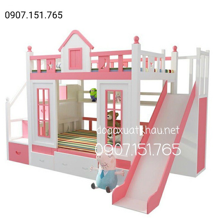 Giường 2 tầng cầu tuột màu hồng cho bé gái