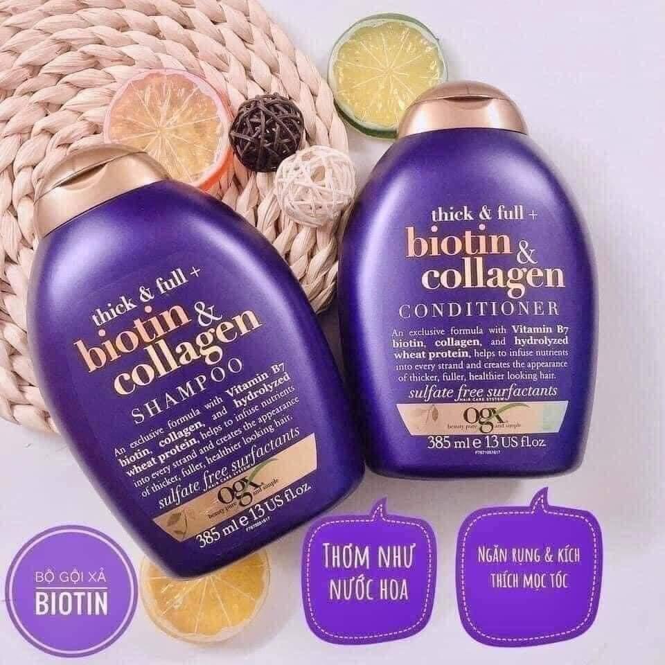 dầu gội biotin, dầu xả biotin OGX Thick Full Biotin Collagen chai 385 ml từ Mỹ, bộ gội xả biotin ogx