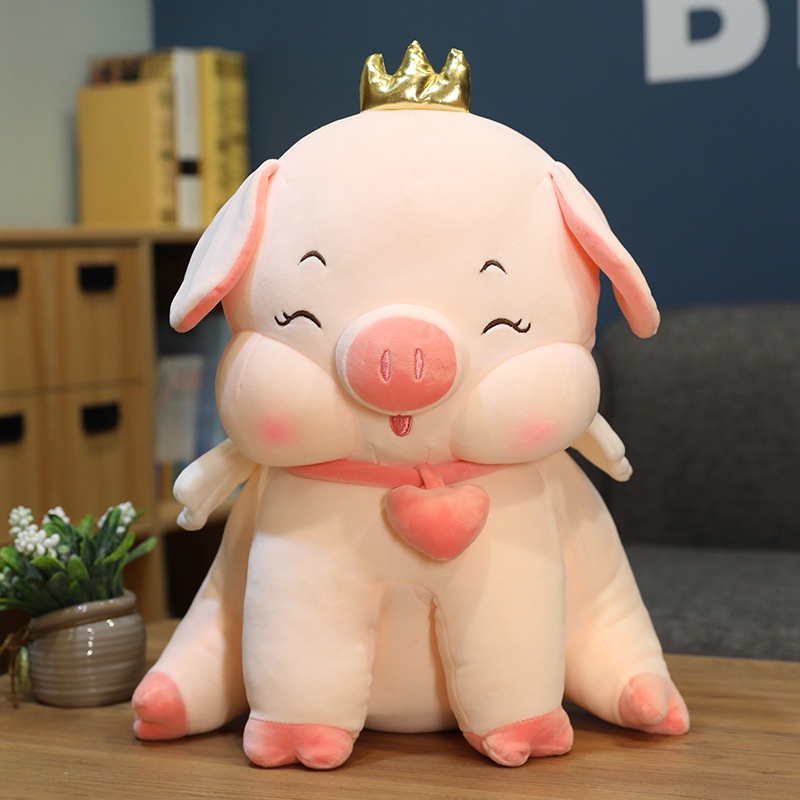 Gấu bông heo ngồi đội vương miện đeo chuông tim thú nhồi bông hình con lợn mềm mịn cao cấp quà tặng y nghĩa