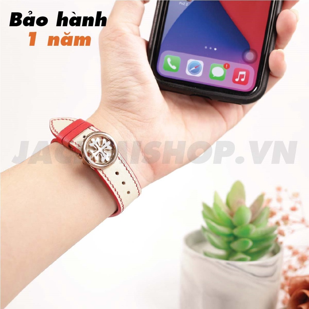 [DÂY DA THẬT] DÂY DA BÊ SWIFT MAY TAY THỦ CÔNG MÀU KEM CHỈ ĐỎ KHÓA PATEK CHO APPLE WATCH SERIES 1=&gt;6 (BẢO HÀNH 1 NĂM)