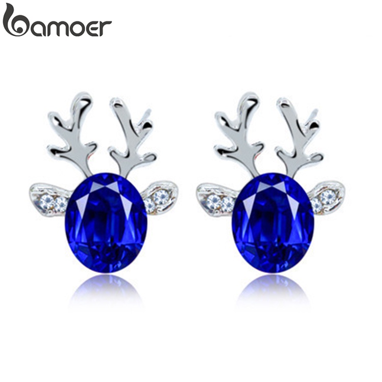 Khuyên tai BAMOER hình nụ bằng hợp kim hình nai sừng tấm đính đá dành cho dịp Giáng Sinh